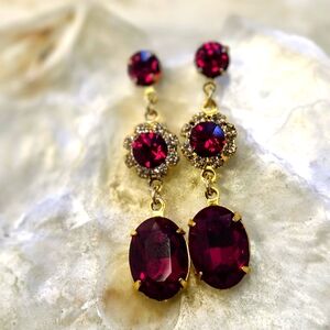 Victorian Red Flower Crystals In Three Tier Gold Plated Earrings